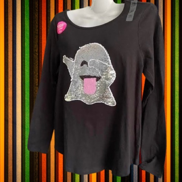 Girls Sequin Halloween Ghost Long Sleeve Shirt Place - Picture 13 of 16